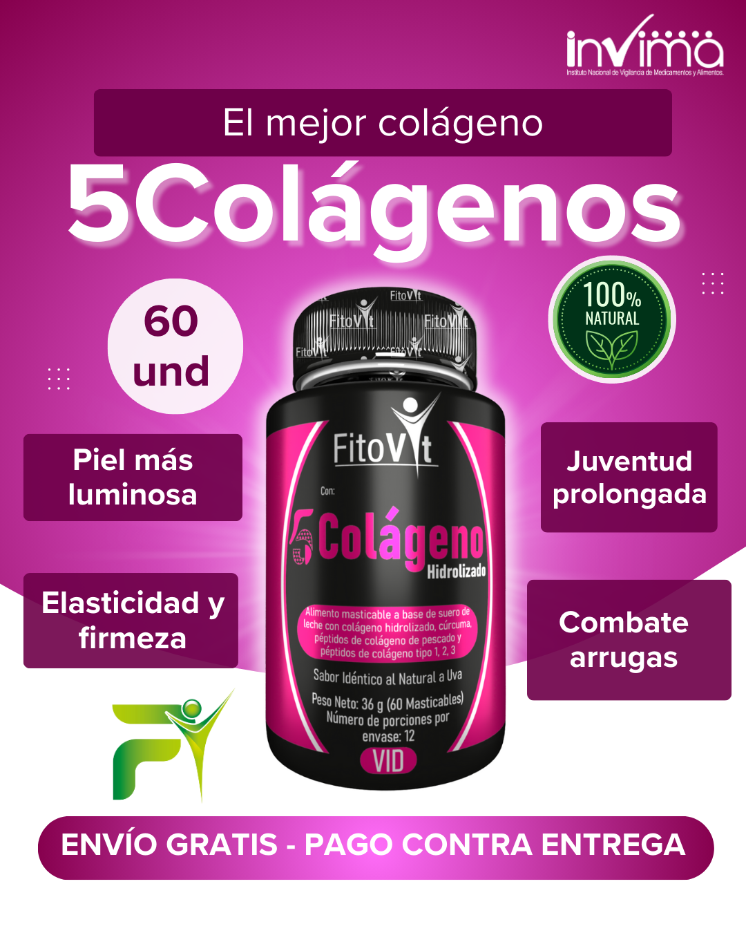 5 Colágenos Hidrolizados Fitovit con Colágeno Tipo 1, 2 y 3 – 60 Tabletas Masticables Sabor Uva.Invima