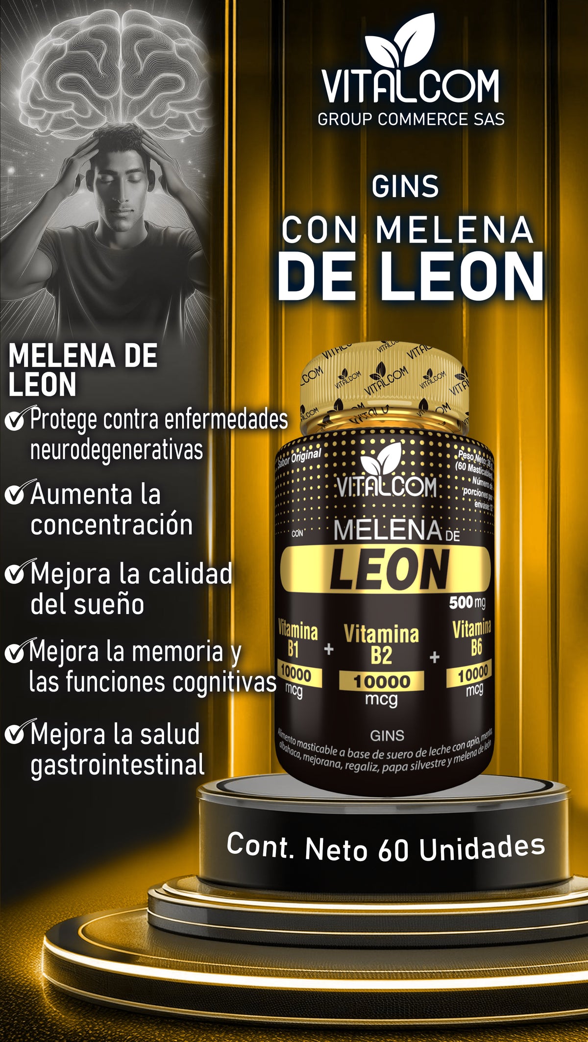 Melena de León – Suplemento Alimenticio en Cápsulas con Extracto de Hericium erinaceus para Concentración y Bienestar Mental.Invima