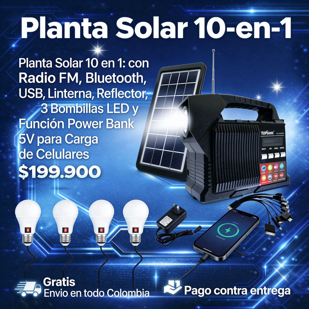 Planta Solar 10 en 1: Sistema de Energía Dual (Solar/AC) con Radio FM, Bluetooth, USB, Linterna, Reflector, 3 Bombillas LED y Función Power Bank 5V para Carga de Celulares - Ideal para Zonas sin Red Eléctrica.