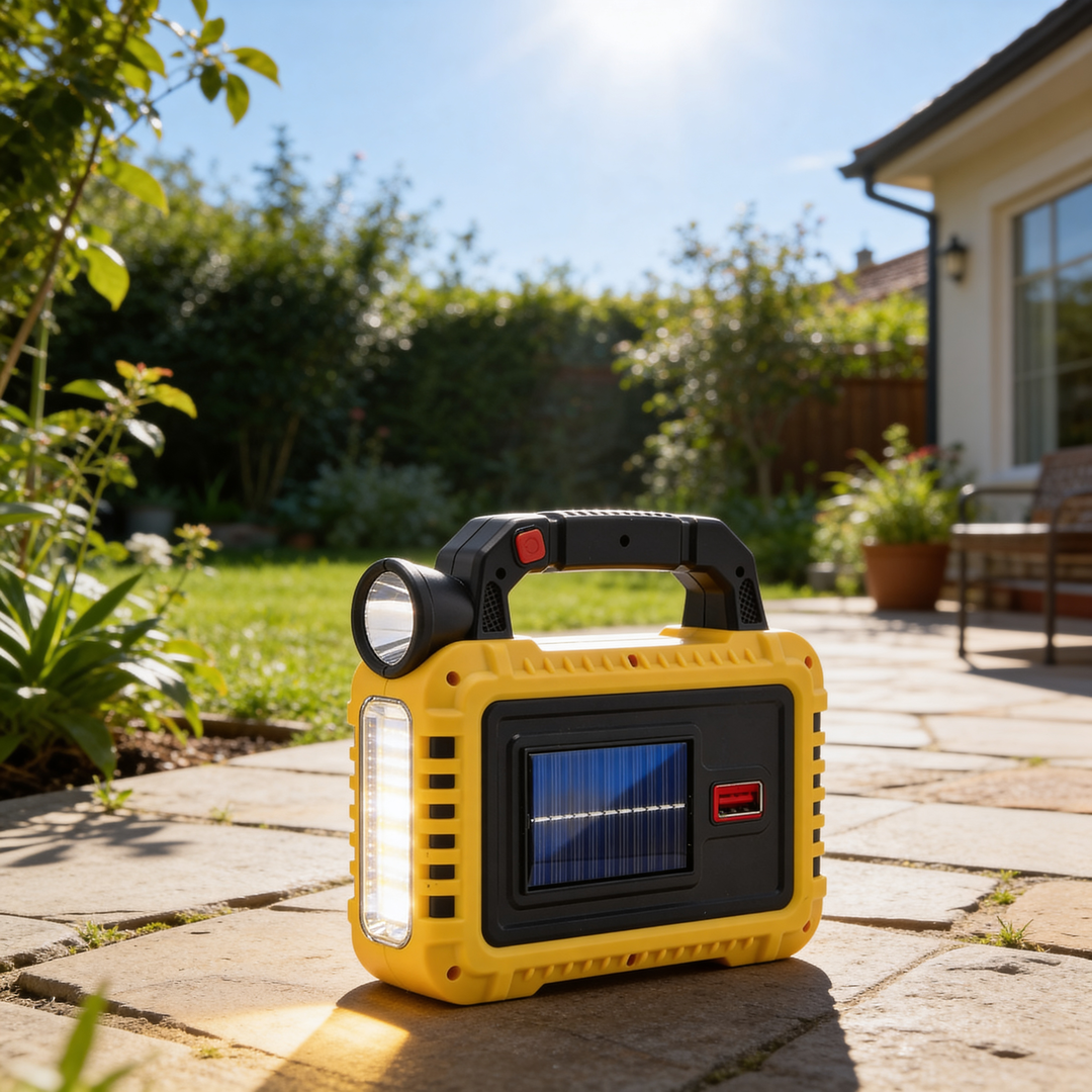 Linterna Solar & Power Bank con carga solar/USB, linterna frontal y panel COB lateral. Función power bank con salida USB 5V. Diseño resistente para interior y exterior, batería de 3–5 horas y LEDs de larga duración.