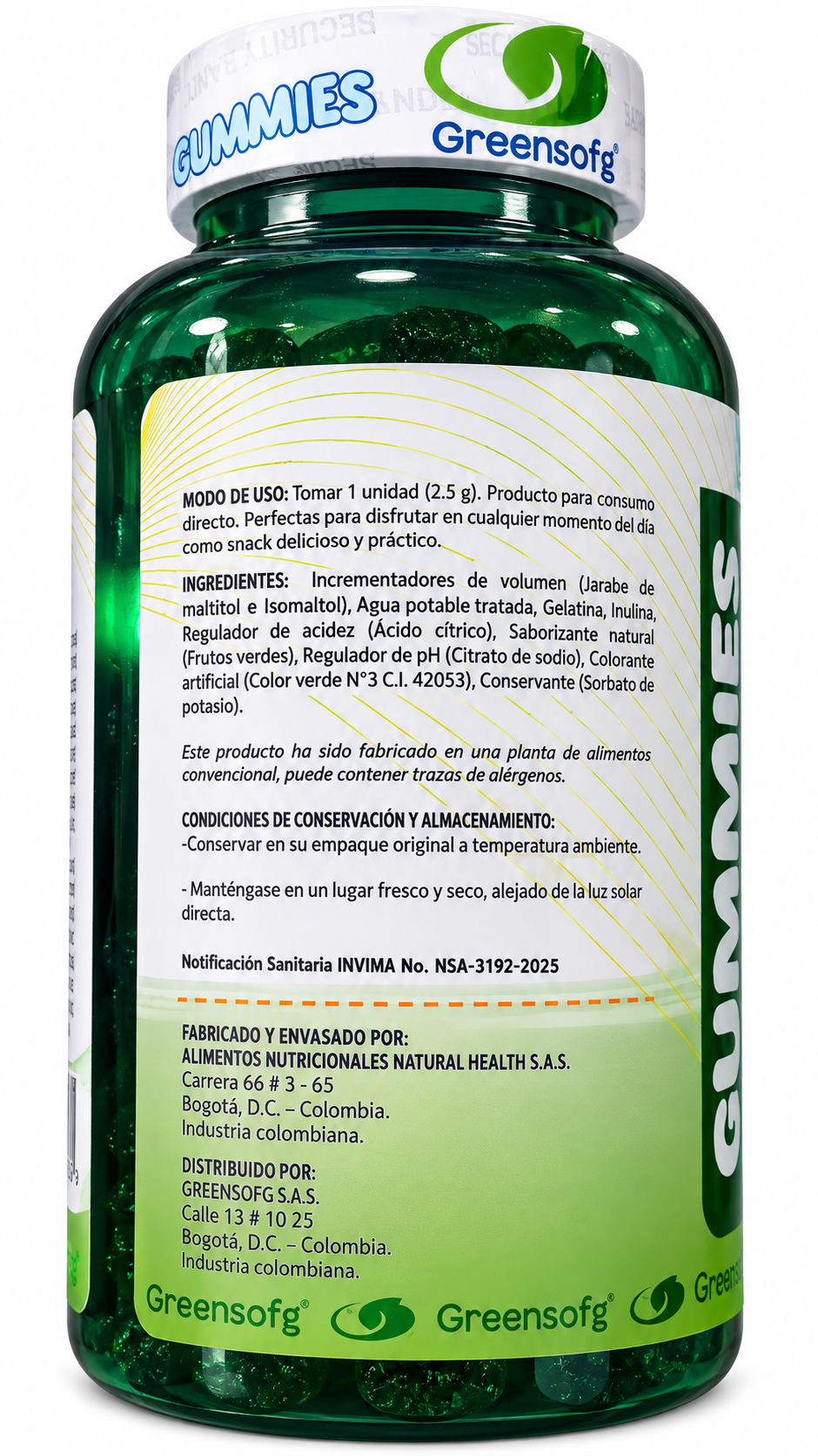 Gomas de Ashwagandha con NAD+ Greensofg x 60 Unidades, Sin Azúcar, Sabor Natural a Frutos Verdes. INVIMA