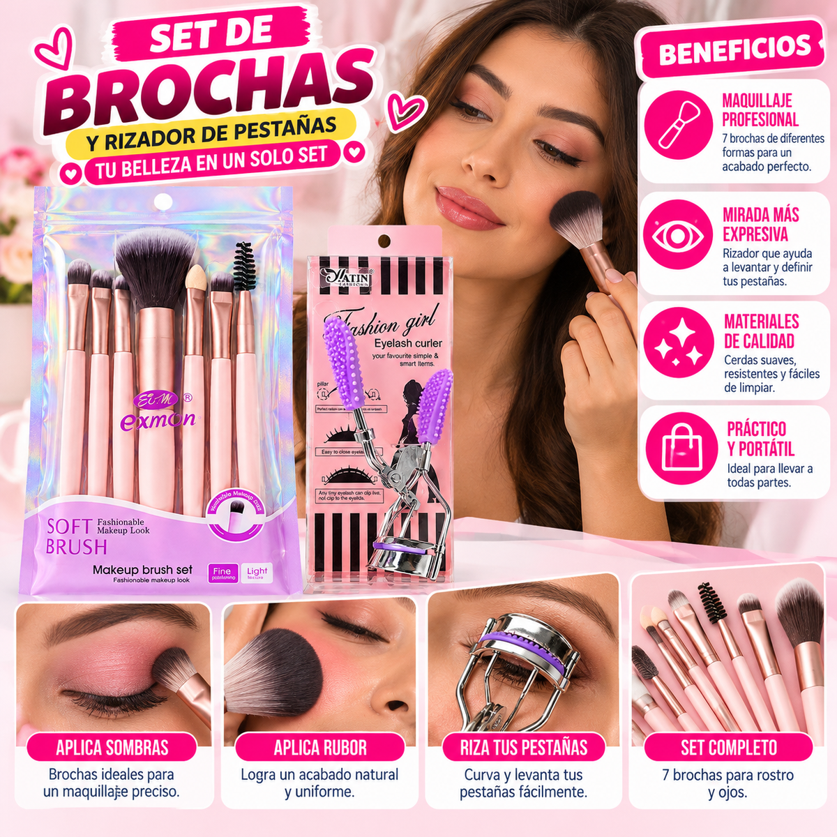 Set De Brochas De Maquillaje + Rizador De Pestañas
