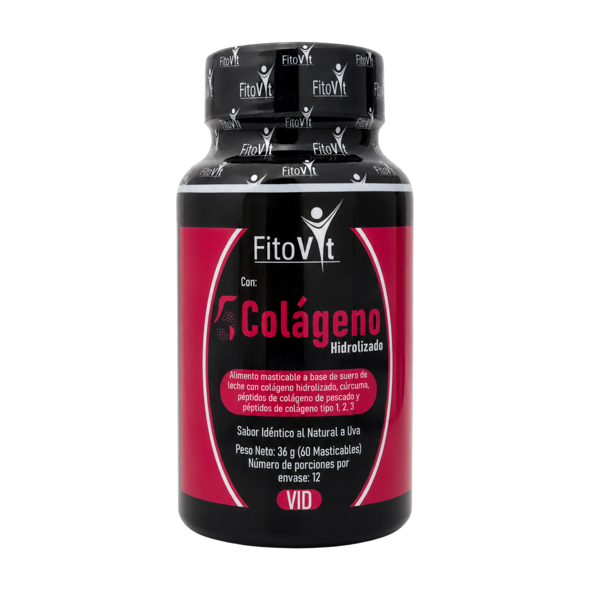 5 Colágenos Hidrolizados Fitovit con Colágeno Tipo 1, 2 y 3 – 60 Tabletas Masticables Sabor Uva.Invima