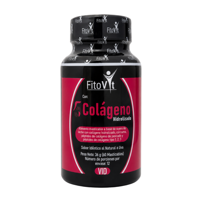 5 Colágenos Hidrolizados Fitovit con Colágeno Tipo 1, 2 y 3 – 60 Tabletas Masticables Sabor Uva.Invima