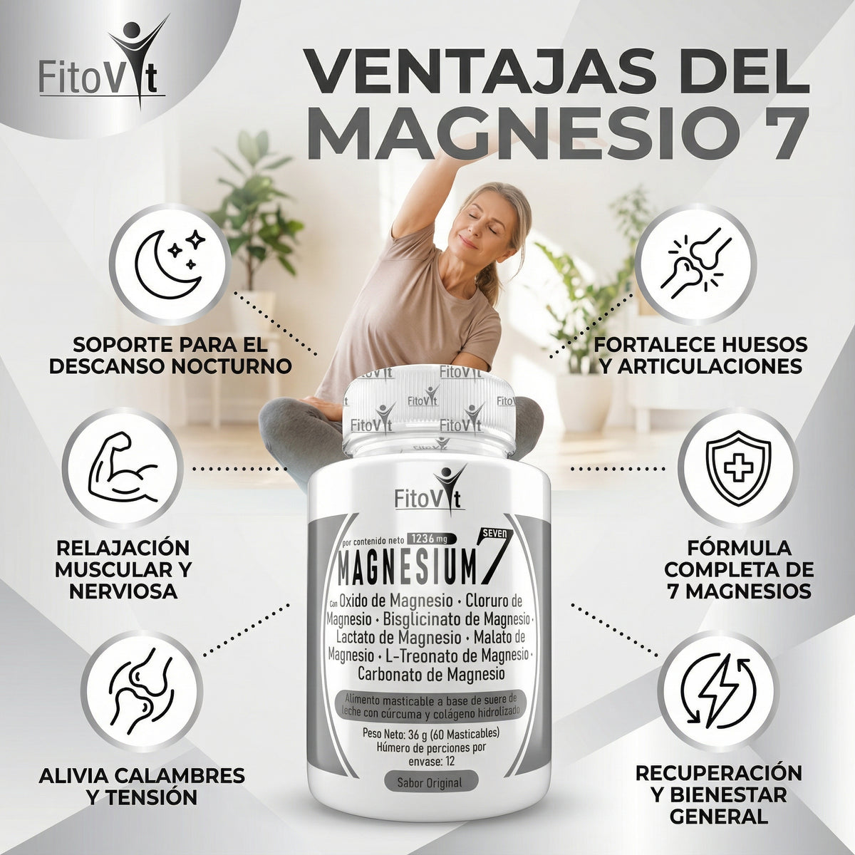 7 Tipos De Magnesio + Colágeno Hidrolizado + Cúrcuma  x 60 Tabletas Masticables. Invima