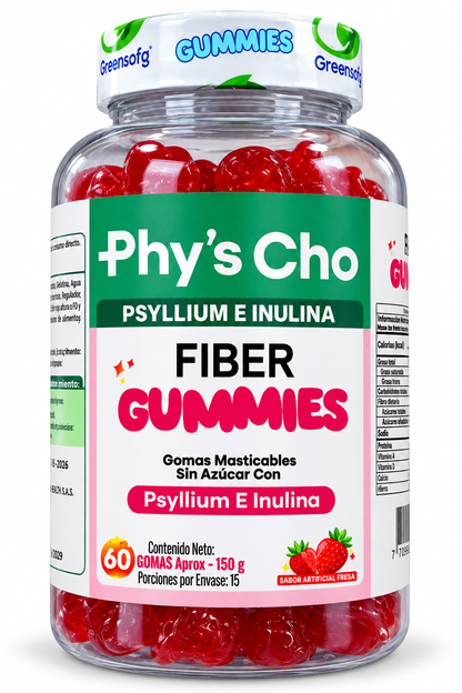 Gomas Masticables de Fibra Phy’s Cho con Psyllium e Inulina, Sin Azúcar, Sabor a Fresa x 60 Unidades (150 g). INVIMA