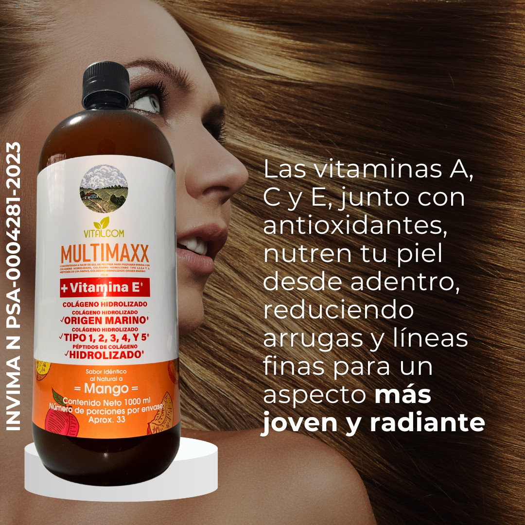 Multimaxx Vitalcom + Vitamina E – Concentrado de Colágeno Hidrolizado de Origen Marino y Péptidos de Colágeno, Sabor Mango. Invima