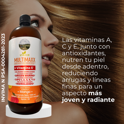 Multimaxx Vitalcom + Vitamina E – Concentrado de Colágeno Hidrolizado de Origen Marino y Péptidos de Colágeno, Sabor Mango. Invima