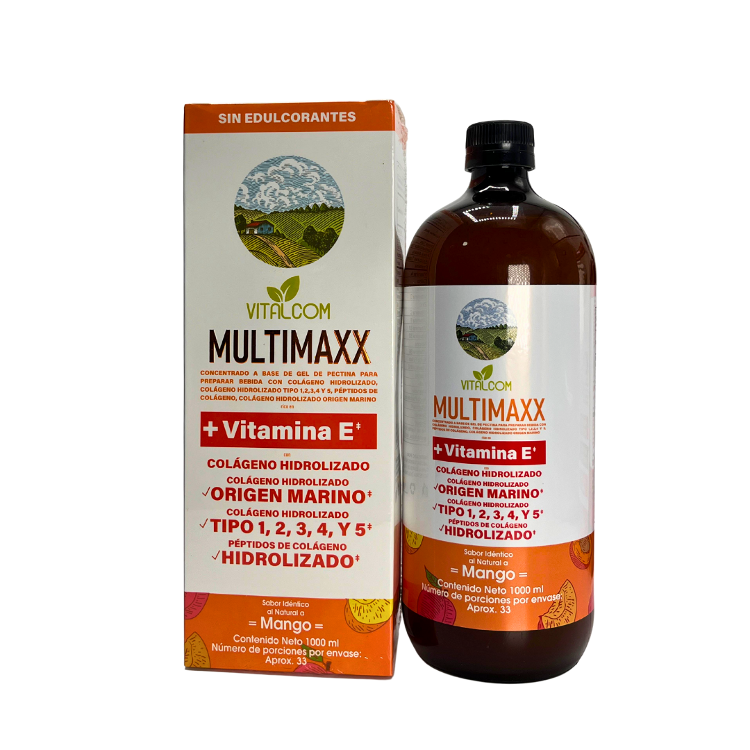 Multimaxx Vitalcom + Vitamina E – Concentrado de Colágeno Hidrolizado de Origen Marino y Péptidos de Colágeno, Sabor Mango. Invima