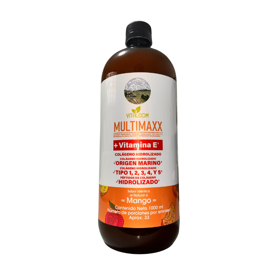 Multimaxx Vitalcom + Vitamina E – Concentrado de Colágeno Hidrolizado de Origen Marino y Péptidos de Colágeno, Sabor Mango. Invima
