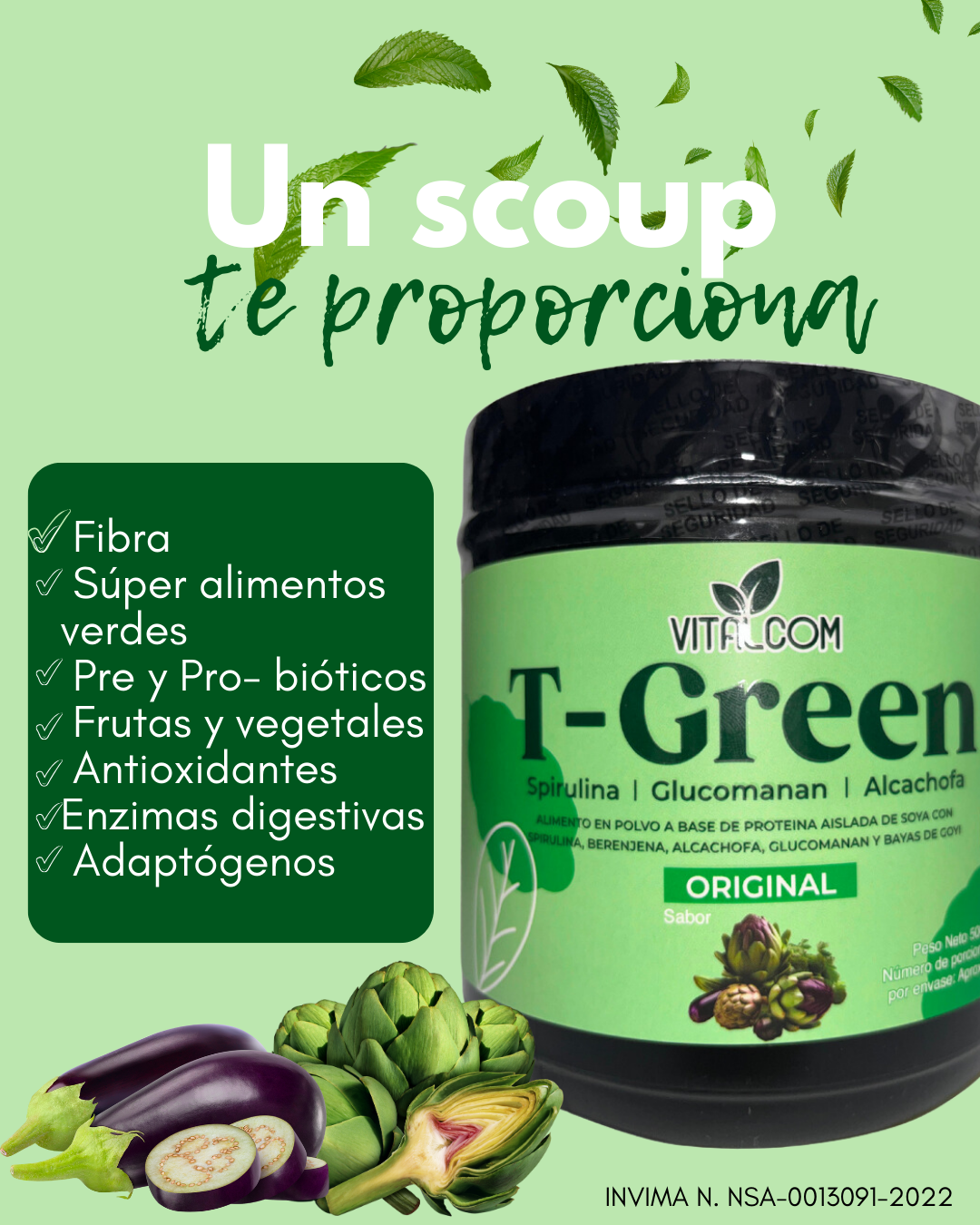 Fibra Batido Verde Detox T-Green Con Glucomanan, Espirulina y Bayas de Goji. Invima