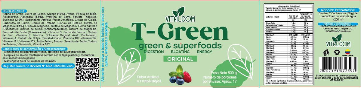 Fibra Batido Verde Detox T-Green Con Glucomanan, Espirulina y Bayas de Goji. Invima