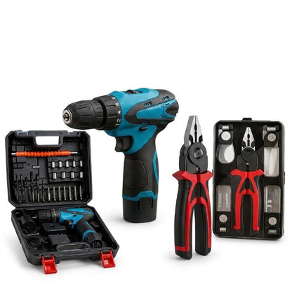 Kit Combo Herramientas: Taladro Inalámbrico Recargable + Alicate Multiuso Con Maletín Y Accesorios