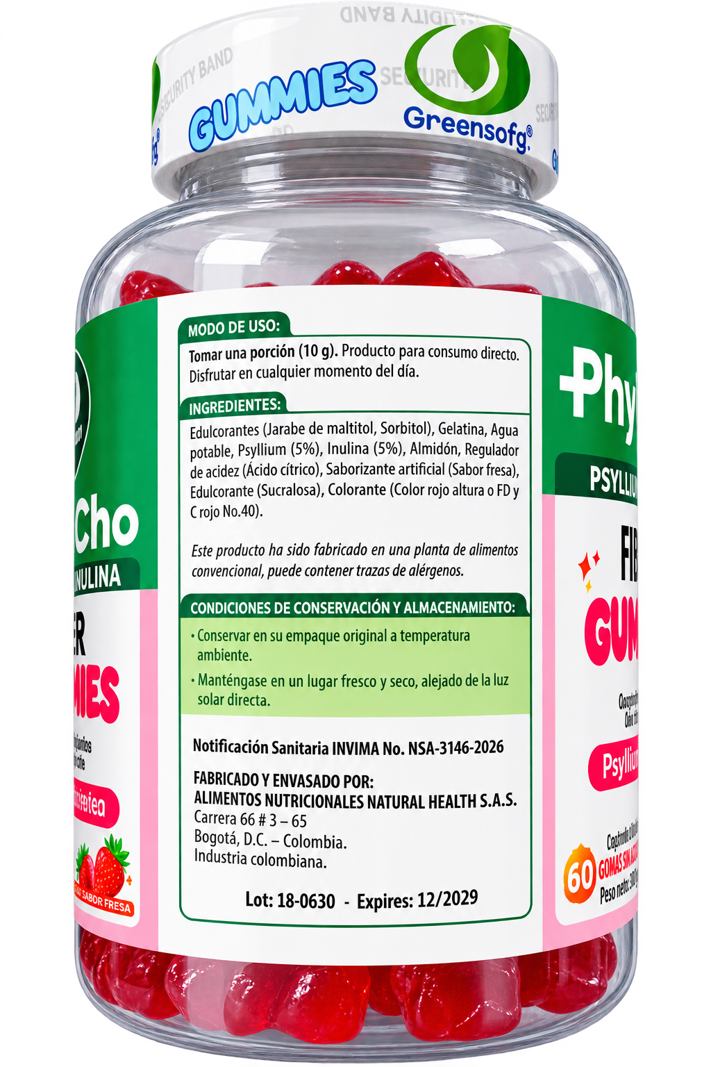 Gomas Masticables de Fibra Phy’s Cho con Psyllium e Inulina, Sin Azúcar, Sabor a Fresa x 60 Unidades (150 g). INVIMA