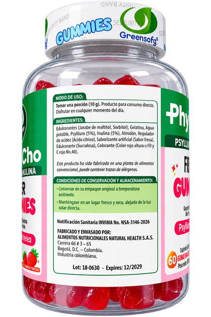 Gomas Masticables de Fibra Phy’s Cho con Psyllium e Inulina, Sin Azúcar, Sabor a Fresa x 60 Unidades (150 g). INVIMA