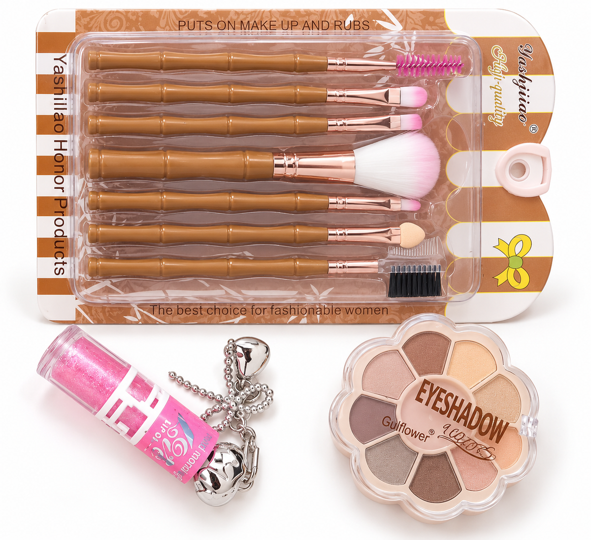 Set De Brochas De Maquillaje + Sombras Y Brillo Labial