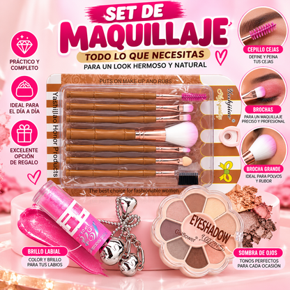 Set De Brochas De Maquillaje + Sombras Y Brillo Labial