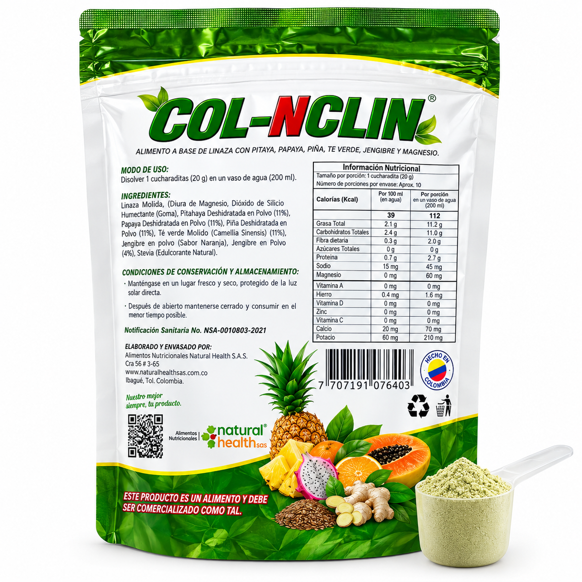 COL-NCLIN – Alimento en Polvo con Pitaya, Papaya, Piña, Té Verde, Jengibre y Magnesio.Invima
