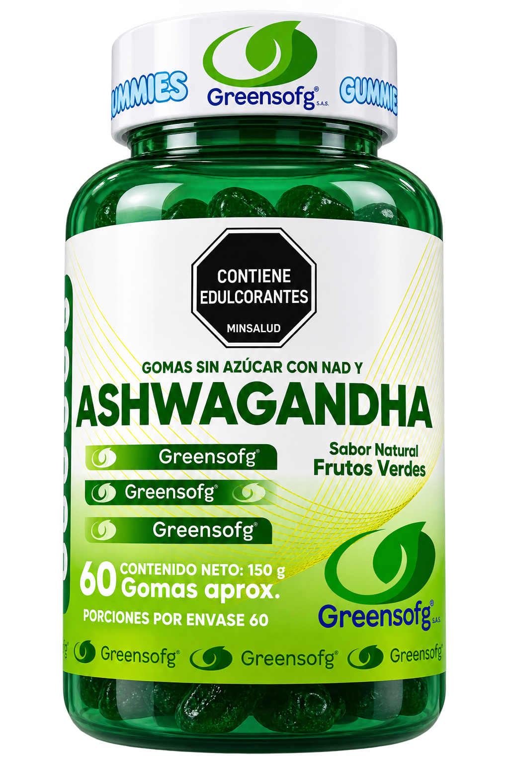 Gomas de Ashwagandha con NAD+ Greensofg x 60 Unidades, Sin Azúcar, Sabor Natural a Frutos Verdes. INVIMA