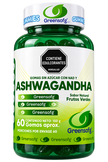 Gomas de Ashwagandha con NAD+ Greensofg x 60 Unidades, Sin Azúcar, Sabor Natural a Frutos Verdes. INVIMA