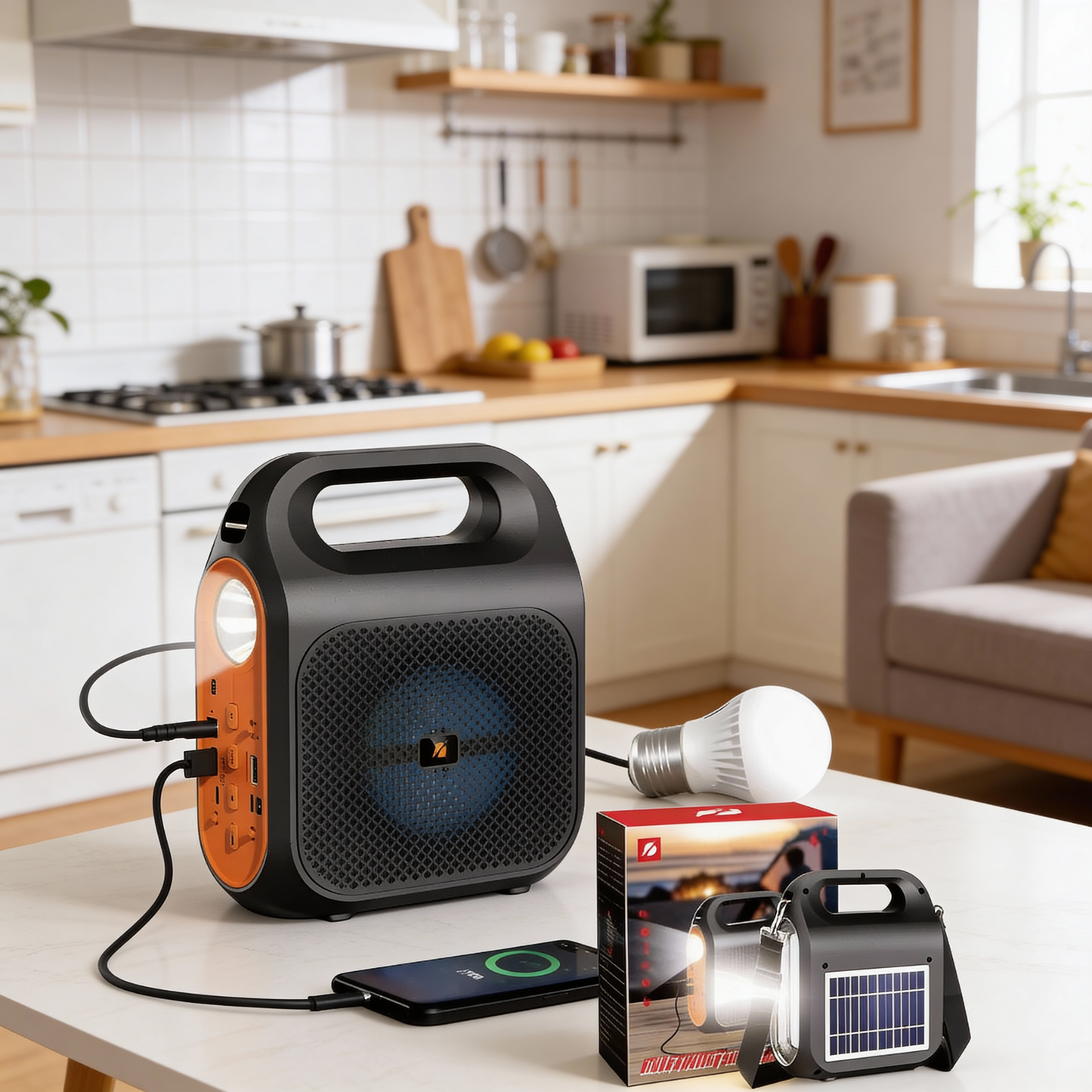 Planta Solar Superlight 6-en-1: Radio Bluetooth, Power Bank 3000mAh, Panel Solar, Linterna Dual, Bombillo Externo y Sonido Premium con Luces LED