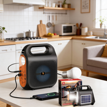 Planta Solar Superlight 6-en-1: Radio Bluetooth, Power Bank 3000mAh, Panel Solar, Linterna Dual, Bombillo Externo y Sonido Premium con Luces LED