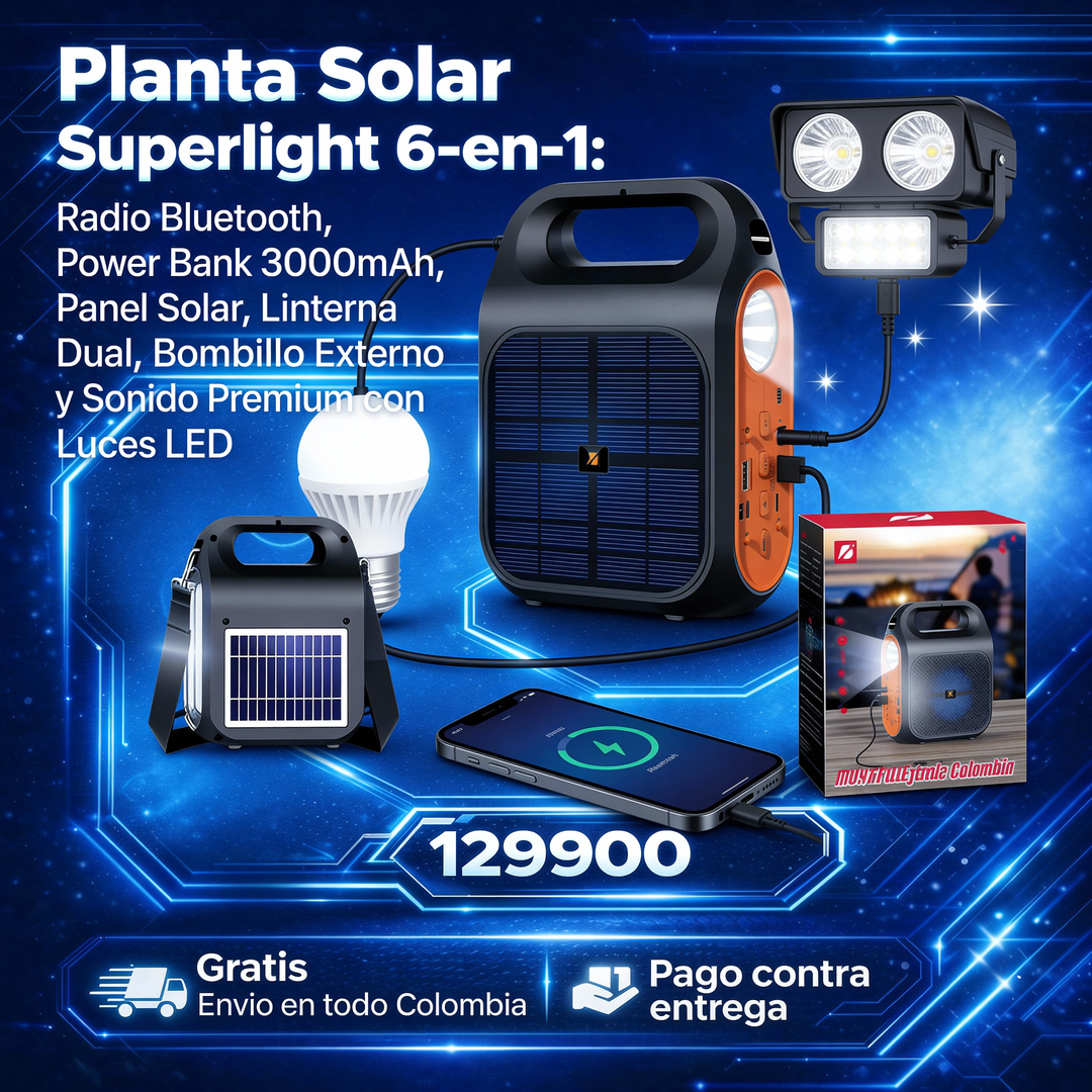 Planta Solar Superlight 6-en-1: Radio Bluetooth, Power Bank 3000mAh, Panel Solar, Linterna Dual, Bombillo Externo y Sonido Premium con Luces LED