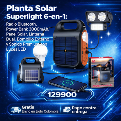 Planta Solar Superlight 6-en-1: Radio Bluetooth, Power Bank 3000mAh, Panel Solar, Linterna Dual, Bombillo Externo y Sonido Premium con Luces LED