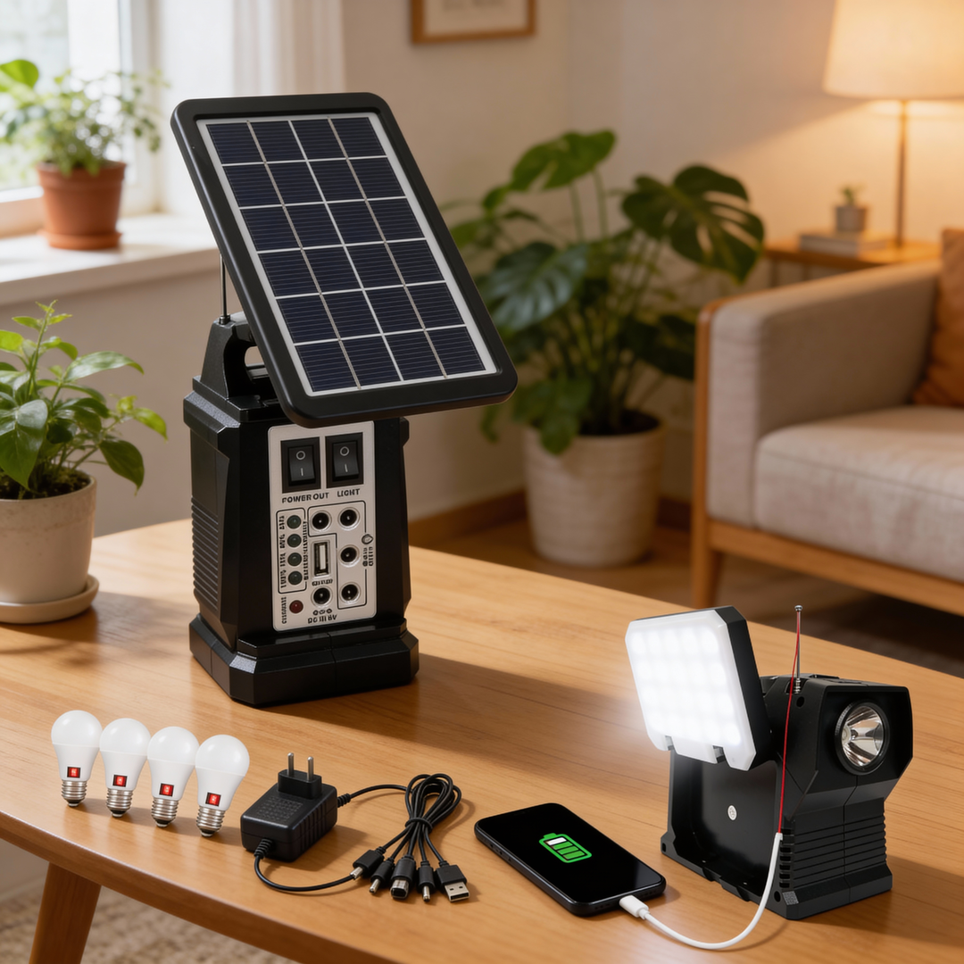 Planta Solar 10 en 1: Sistema de Energía Dual (Solar/AC) con Radio FM, Bluetooth, USB, Linterna, Reflector, 3 Bombillas LED y Función Power Bank 5V para Carga de Celulares - Ideal para Zonas sin Red Eléctrica.