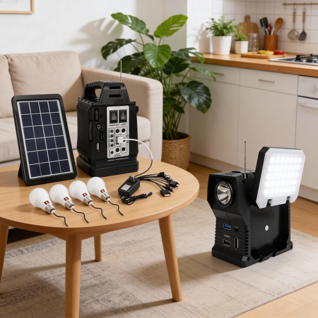 Planta Solar 10 en 1: Sistema de Energía Dual (Solar/AC) con Radio FM, Bluetooth, USB, Linterna, Reflector, 3 Bombillas LED y Función Power Bank 5V para Carga de Celulares - Ideal para Zonas sin Red Eléctrica.