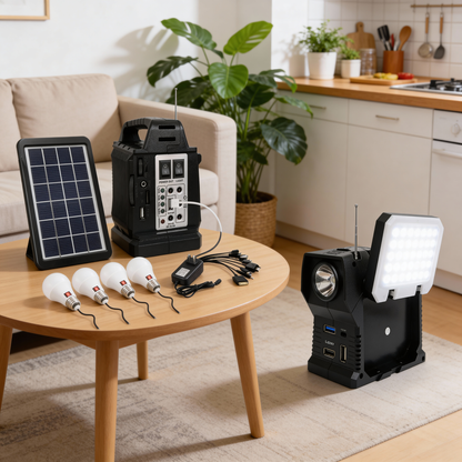 Planta Solar 10 en 1: Sistema de Energía Dual (Solar/AC) con Radio FM, Bluetooth, USB, Linterna, Reflector, 3 Bombillas LED y Función Power Bank 5V para Carga de Celulares - Ideal para Zonas sin Red Eléctrica.