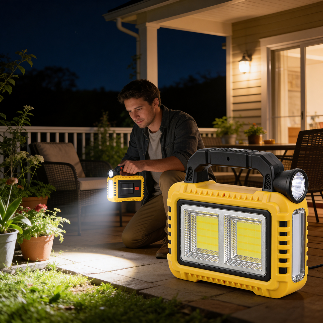 Linterna Solar & Power Bank con carga solar/USB, linterna frontal y panel COB lateral. Función power bank con salida USB 5V. Diseño resistente para interior y exterior, batería de 3–5 horas y LEDs de larga duración.