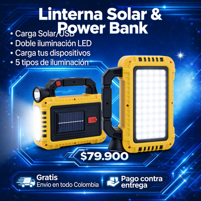 Linterna Solar & Power Bank con carga solar/USB, linterna frontal y panel COB lateral. Función power bank con salida USB 5V. Diseño resistente para interior y exterior, batería de 3–5 horas y LEDs de larga duración.
