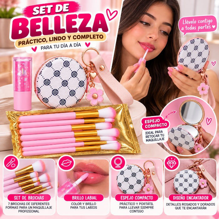Set De Belleza Con Brochas, Espejo Y Brillo Labial