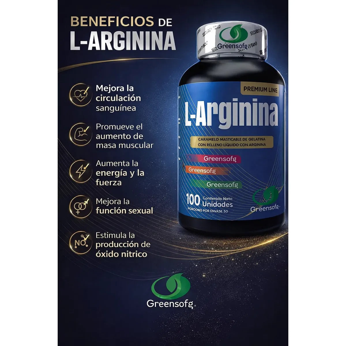 L-Arginina Greensofg Premium Line x 100 Unidades – Suplemento Masticable de Gelatina con Relleno Líquido de Arginina. INVIMA