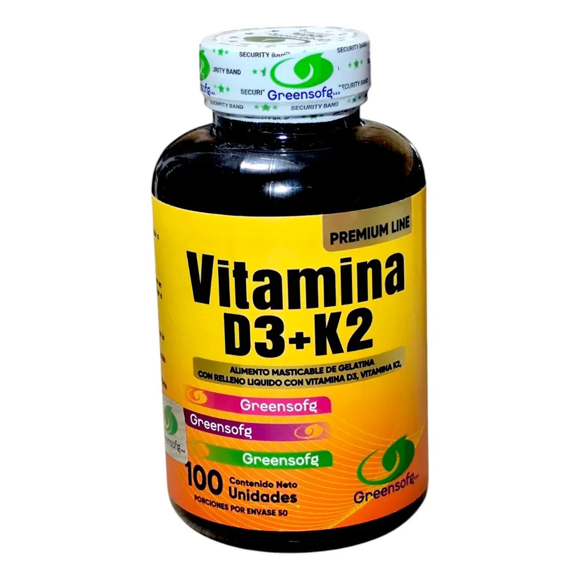 Vitamina D3 + K2 Greensofg Premium Line x 100 Unidades – Suplemento Masticable de Gelatina con Relleno Líquido. INVIMA