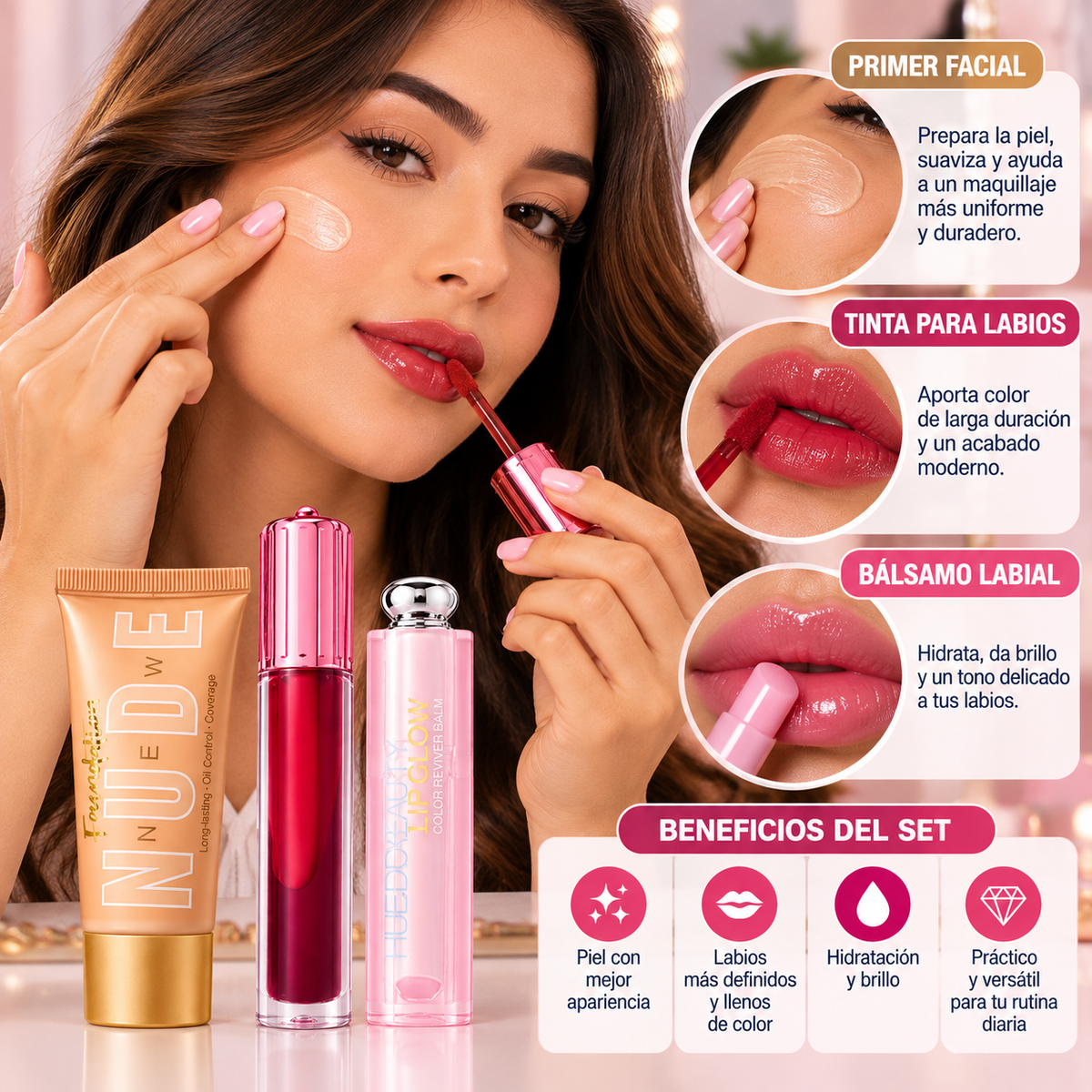 Set Glow Facial Con Base, Tinta Y Bálsamo Labial