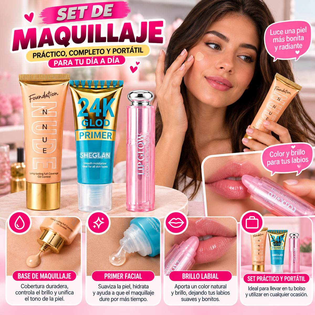 Set De Maquillaje Facial 3 En 1: Primer, Base Y Bálsamo Labial