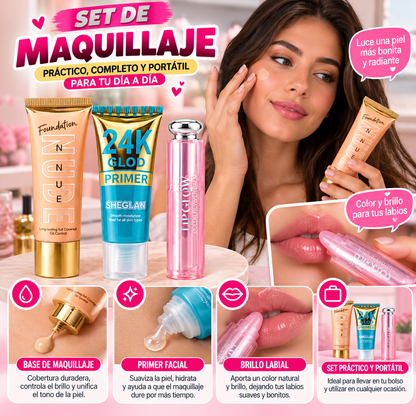 Set De Maquillaje Facial 3 En 1: Primer, Base Y Bálsamo Labial