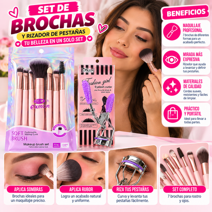 Set De Brochas De Maquillaje + Rizador De Pestañas